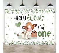 ASDCXZ 7x5ft 1st Birthday Backdrop Holy Cow I'm One Photography Background Green Leaf Gold Dot Heart Balloon Wood Barn Boy Girl First Birthdays Party Banner Decorations Baby Shower Photo Booth Prop