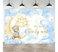 ASDCXZ 7x5ft Baby Shower Backdrop We Can Bearly Wait Photography Background Bear White Balloons Blue Clouds Moon Stars Cartoon Banner Decorations Birthday Party Newborn Portrait Photo Booth Prop