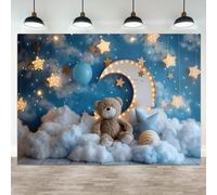 ASDCXZ 7x5ft Starry Sky Backdrop Glowing Stars Moon Blue Sky White Clouds Photography Background Bear Night Dreamy Kids Room Decor Baby Shower Birthday Banner Decorations Party Photo Booth Prop