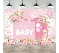 ASDCXZ 8x6ft Hello Baby Backdrop Pink Gold Boho Floral Bear Baby Shower Photography Background Balloon Stars Clouds Banner Decorations Welcome Newborn Celebration Party Portrait Photo Booth Prop