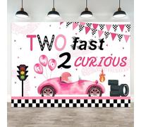 ASDCXZ 8x6ft Two Fast 2 Curious Racing Theme Birthday Backdrop Pink Balloon Race Car Tire Flags Photo Booth Background for Kids Toddler Party Decor 2nd Year Celebration Cake Smash Wall Display