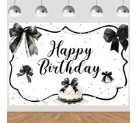 ASDCXZ Black Bow Birthday Photo Backdrop 7x5FT, Elegant Bow Perfume Pink Pearl Cake Photography Background for Girls Ladies Birthday Party Table Cake Decoration Banner Accessories Photo Props