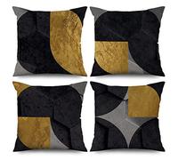 ASDCXZ Black Cushion Cover 50x50 cm 4er Set, Modern Grey Black Yellow Sofa Deco Washable Polyester Flax Textile Outdoor Pillow Cover