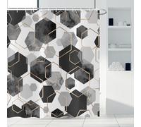 ASDCXZ Black Duschvorhang 180x200 cm, Modern Abstract Art Geometric Black Gold Gray Hexagon Pattern Waterproof Bath Curtain Polyester Textile Washable Shower Curtains for Bathtub with 12 Hooks