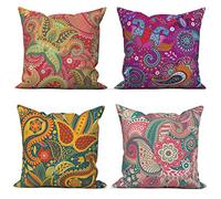 ASDCXZ Boho 40x40 cm 4pcs Set, Boho Style Flower Texture Pattern Red Yellow Purple Sofa Deco Cushion Covers, Washable Polyester Flax Textile Upholstery Pillow Covers