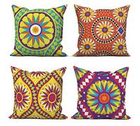 ASDCXZ Boho 50x50 cm 4pcs Set, Datura Flower Texture Pattern Green & Yellow Sofa Deco Cushions Washable Polyester Flax Upholstery