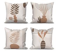 ASDCXZ Boho Cushion Cover 40x40 cm 4er Set, Modern Abstract Art Brown Leaves Beige Sofa Deco Cushion Covers Cushion Cover Washable Polyester Flax Textile Outdoor Pillow Cover Cushion Cover