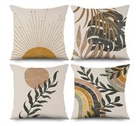 ASDCXZ Boho Cushion Cover 40x40 cm 4er Set, Modern Abstract Art Leaves Sun Beige Sofa Cushions Cover Decorative Washable Polyester Flax Textile Outdoor Pillow Cover