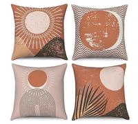 ASDCXZ Boho Cushion Cover 40x40 cm 4er Set, Modern Abstract Art Retro Sun Leaves Orange Deco Pillow Cover Washable Polyester Flax Textile Upholstery