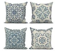 ASDCXZ Boho Cushion Cover 40x40 cm Set of 4, Retro Datura Flower Pattern Beige Blue Pillow Covers Sofa Decorative Cushion Cover Washable Flax Square Pillow Cases for Living Room Couch Pillowcases