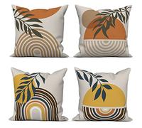 ASDCXZ Boho Cushion Cover 50x50 cm 4er Set, Modern Abstract Art Leaves Sun Beige Sofa Deco Cushion Covers Cushion Cover Washable Polyester Flax Textile Outdoor Pillow Cover Cushion Cover