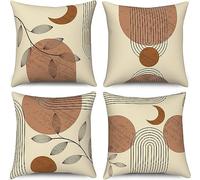 ASDCXZ Boho Cushion Covers 45cm x 45cm Set of 4, Modern Abstract Boho Style Leaves Sun Moon Outdoor Garden Sofa Decoration Cushion Cover Washable Polyester Linen Fabric Upholstery Pillow Cover
