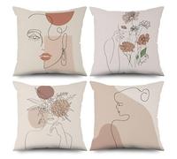 ASDCXZ Boho Pillow Cover 45x45 cm 4pcs Set, Modern Abstract Art Line Girls Flower Beige Deco Pillow Covers Pillow Cover Washable Polyester Flax Textile Upholstery Pillow Cover Pillow Cover
