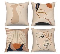 ASDCXZ Boho Pillow Set, 50x50 cm, Modern Abstract Art Girl Face Leaves Khaki Deco Pillow Covers, Washable Polyester Flax Textile Upholstery