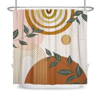 ASDCXZ Boho Shower Curtain 180 x 180 cm, Modern Abstract Gold Sun Arch Green Leaves Beige Washable Shower Curtains Polyester Textile Waterproof Anti-Mould Shower Curtain for Bath with 12 Hooks