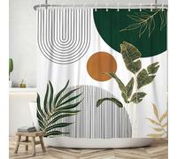ASDCXZ Boho Shower Curtain 180x200 cm, Modern Abstract Art Boho Style Brown Sun Green Leaves White Bath Washable Shower Curtains Polyester Textile Waterproof Bath Curtain for Bathtub with 12 Hooks
