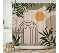 ASDCXZ Boho Shower Curtain 180x200 cm, Modern Abstract Boho Style Green Leaves Orange Sun Khaki Beige Bath Washable Shower Curtains Polyester Textile Waterproof Bath Curtain for Bathtub with 12 Hooks