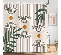 ASDCXZ Boho Style Shower Curtain 165x180 cm, Modern Abstract Art Green Leaves Orange Sun Line Beige Washable Shower Curtains Polyester Textile Waterproof Bathtub Curtain for Bathtub with 12 Hook
