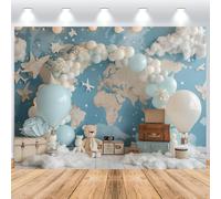 ASDCXZ Boy 1st Birthday Photo Backdrop 7x5FT, Little Bear Airplane Blue White Balloon Kids Birthday Theme Photography Backdrop Boy 1 Year Old Birthday Baby Shower Party Decor Banner Studio Props
