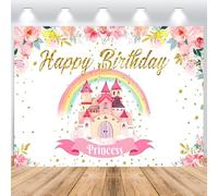 ASDCXZ Castle Birthday Photo Backdrop 7x5FT, Happy Birthday Pink Castle Rainbow Floral Photography Backdrop for Princess Girl 1st Birthday Party Cake Table Decoration Banner Photo Studio Props