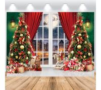 ASDCXZ Christmas Backdrop 2.7x1.8m, Window Snow Scene Red Curtain Christmas Tree Gift Box Photo, Vinyl Family Celebration Party Ornaments Photography Banner