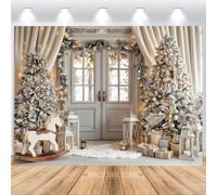 ASDCXZ Christmas Photography Backdrop 10x8FT, Elegant Boho Cream Winter Indoor Silver Flocked Xmas Tree Rocking Horse Vintage Photo Backdrop Christmas Family Party Decorations Banner Photo Props