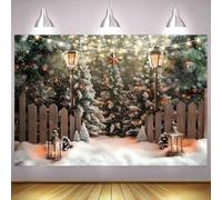 ASDCXZ Christmas Photography Backdrop 12x10FT, Winter Wonderland Pine Trees Retro Street Light Rustic Wooden Fence Snowflake Photo Backdrop Christmas Family Party Decorations Banner Photo Props