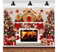 ASDCXZ Christmas Photography Backdrop 12x8FT, White Brick Fireplace Candy Cane Gingerbread House Xmas Stocking Winter Holiday Photo Backdrop Christmas Family Party Decorations Banner Photo Props