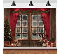 ASDCXZ Christmas Photography Backdrop 12x8FT, Winter Window Snow Scenery Xmas Pine Tree Forest Red Curtains Photo Backdrop Christmas New Year Theme Party Decorations Background Banner Photo Props