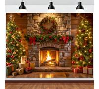ASDCXZ Christmas Photography Backdrop 6x4FT, Indoor Stone Fireplace with Burning Fire Xmas Tree Wooden Cabin Scene Photo Backdrop Christmas Family Party Decorations Background Banner Photo Props