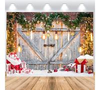 ASDCXZ Christmas Photography Backdrop 7x5FT, Rustic Wooden Door Brickwall Snowscape Green Pine Tree Gifts Xmas Photo Backdrop Christmas Theme Party Decorations Background Banner Photo Props
