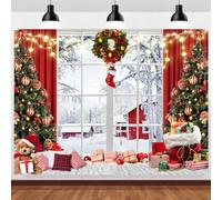 ASDCXZ Christmas Photography Backdrop 9x6FT, Winter Snowy Window Scene Xmas Tree Gifts Bear Red Curtain Photo Backdrop Christmas New Year Theme Party Decorations Background Banner Photo Props