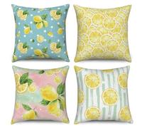 ASDCXZ Cushion Cover 40x40 cm 4pcs Set, Summer Fruit Yellow Lemon Green Leaves Blue Rose Sofa Cushion Covers Cushion Covers Washable Polyester Flax Textile Outdoor Pillow Cover Cushion Cover