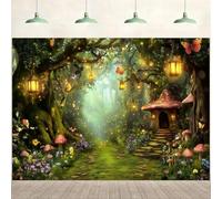 ASDCXZ Enchanted Forest Photo Backdrop 12x10FT, Spring Butterfly Mushroom Wonderland Wooden House Jungle Photography Background Fairy Tale Forest Fairy Tea Birthday Party Decor Banner Studio Props