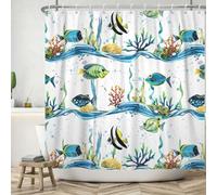 ASDCXZ Fish Shower Curtain 180x200 cm, Underwater World Cute Blue Yellow Black Fish Coral Wave Bath Washable Shower Curtains Polyester Textile Waterproof Bath Curtain for Bathtub with 12 Hooks