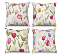 ASDCXZ Flower Pillow Cover 40x40 cm 4pcs Set, Fresh Rose Purple Yellow Flower Leaves Sofa Deco Pillow Covers Washable Polyester Flax Textile Outdoor Upholstery