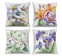 ASDCXZ Flower Pillow Cover 40x40 cm 4pcs Set, Spring Watercolor Purple White Flowers Green Leaves Sofa Deco Pillow Covers Pillow Cover Washable Polyester Textile Outdoor Pillow Cover Pillow Cover
