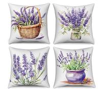 ASDCXZ Flower Pillow Cover 45x45 cm 4pcs Set, Hand Painted Purple Flower Green Leaves Sofa Deco Pillow Covers Washable Polyester Flax Textile Outdoor Upholstery