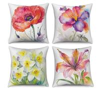 ASDCXZ Flower Pillow Cover 45x45 cm 4pcs Set, Spring Watercolor Red White Purple Flowers Green Leaves Sofa Deco Pillow Covers Pillow Cover Washable Polyester Textile Outdoor Pillow Cover Pillow Cover