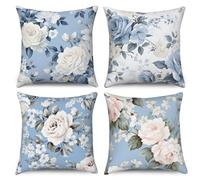 ASDCXZ Flower Pillow Cover 45x45 cm 4pcs Set, Vintage White Rose Flower Leaves Blue Sofa Deco Pillow Covers Pillow Cover Washable Polyester Flax Textile Outdoor Pillow Cover Pillow Cover