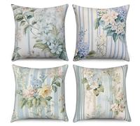 ASDCXZ Flower Pillow Cover Set 45x45 cm 4pcs, Retro Stripe Blue Yellow Rose Leaves Sofa Deco, Washable Polyester Flax Textile Outdoor