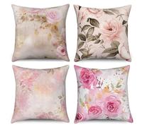 ASDCXZ Flower Pillow Cover Set, 45x45 cm, 4pcs - Spring Retro Rose Flower Leaves Sofa Deco Washable Polyester Flax Textile Outdoor Pillow Cover