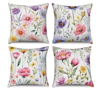 ASDCXZ Flower Pillow Covers 40x40 cm 4pcs Set, Fresh Rose Purple Yellow Leaves Sofa Deco Washable Polyester Flax Textile Outdoor Upholstery