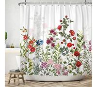 ASDCXZ Flower Shower Curtain 180x180 cm, Spring Hand Painted Red White Rose Colorful Floral Green Leaves Bath Washable Shower Curtains Polyester Textile Waterproof Curtain for Bathtub with 12 Hook