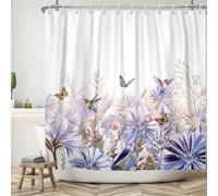 ASDCXZ Flower Shower Curtain 180x180 cm, Spring Purple Flower Leaves Colorful Butterfly Bird White Bath Washable Shower Curtains Polyester Textile Waterproof Bath Curtain for Bathtub with 12 Hooks