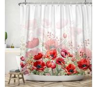 ASDCXZ Flower Shower Curtain 180x200 cm, Spring Hand Painted Red Rose Flowers Green Leaves White Bath Washable Shower Curtains Polyester Textile Waterproof Bath Curtain for Bathtub with 12 Hooks