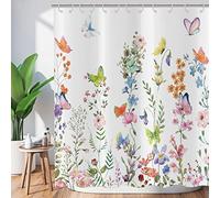 ASDCXZ Flower Shower Curtain 180x200 cm, Spring Rose Blue Purple Colorful Flowers Butterfly Green Leaves Washable Shower Curtains Polyester Textile Waterproof Bath Curtain for Bathtub with 12 Hooks