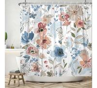 ASDCXZ Flower Shower Curtain 180x200 cm, Spring Watercolor Blue Orange Red Flowers Green Leaves White Bath Washable Shower Curtains Polyester Textile Waterproof Bath Curtain for Bathtub with 12 Hooks