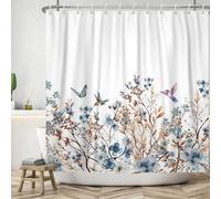 ASDCXZ Flower Shower Curtain 180x240 cm, Spring Watercolor Blue Flowers Brown Leaves Colorful Bird White Washable Shower Curtains Polyester Textile Waterproof Bath Curtain for Bathtub with 12 Hooks