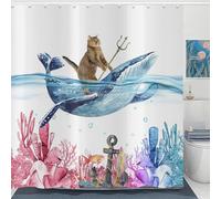 ASDCXZ Funny Cat Shower Curtain 180x220 cm, Cool Kitten Riding Whale Under the Sea Summer Maritime Bathroom Waterproof Bath Curtain Polyester Textile Washable Shower Curtains for Bathtub with 12 Hooks